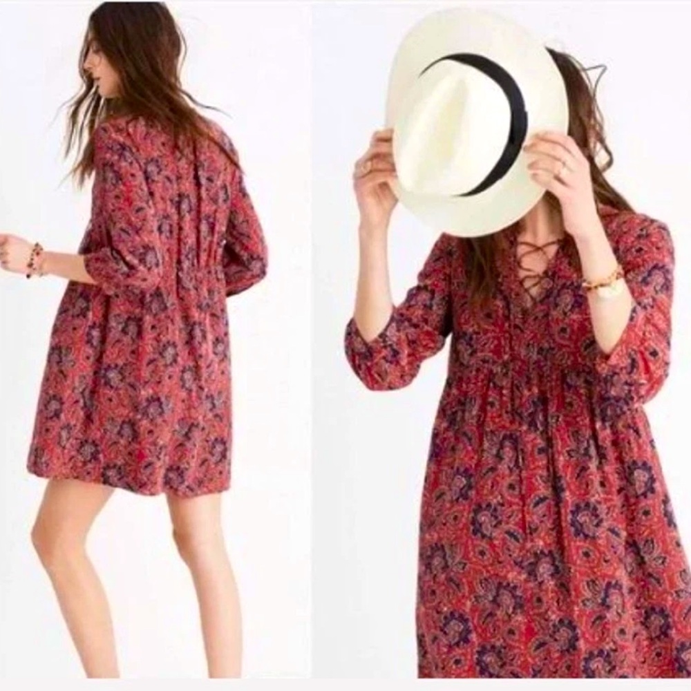 Floral Bohemian Red Silk Mini Dress by Madewell Assam Size XS